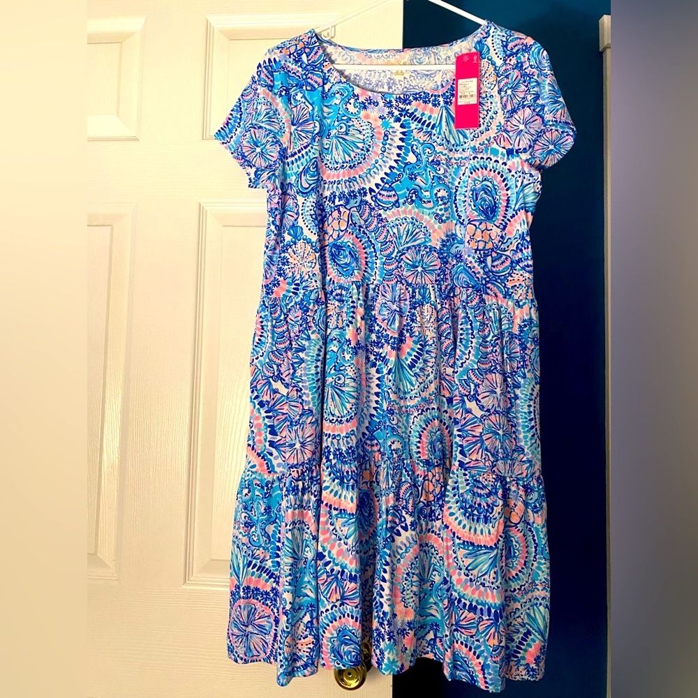 Lilly Pulitzer Jeanna Short Sleeve Tiered Dress. Commotion in the Ocean print.
